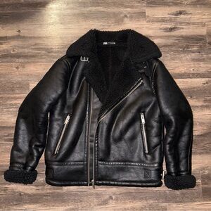 Zara Black Shearling Aviator Jacket
